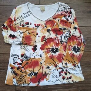 Jess & Jane Floral Paris Postcard Jewels Top 3/4 Sleeve V-Neck Shirt French M